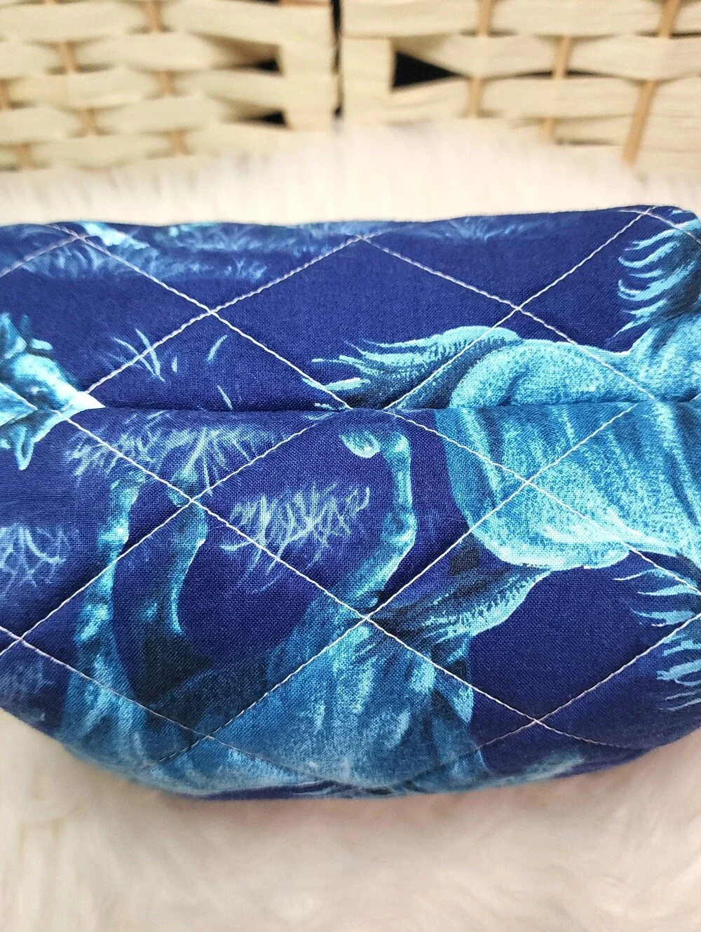 Handmade Quilted Boxy Bag Blue Vintage Horse Fabric Makeup Travel Lined